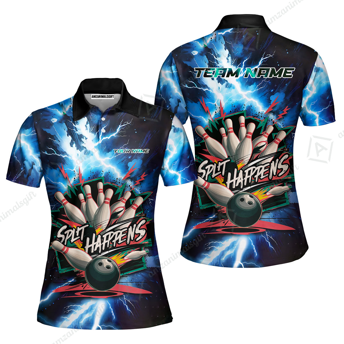 Custom Bowling Team Jersey, Split Happens - Electric Lightning, Bowling Uniforms, Personalize Name And Team Name