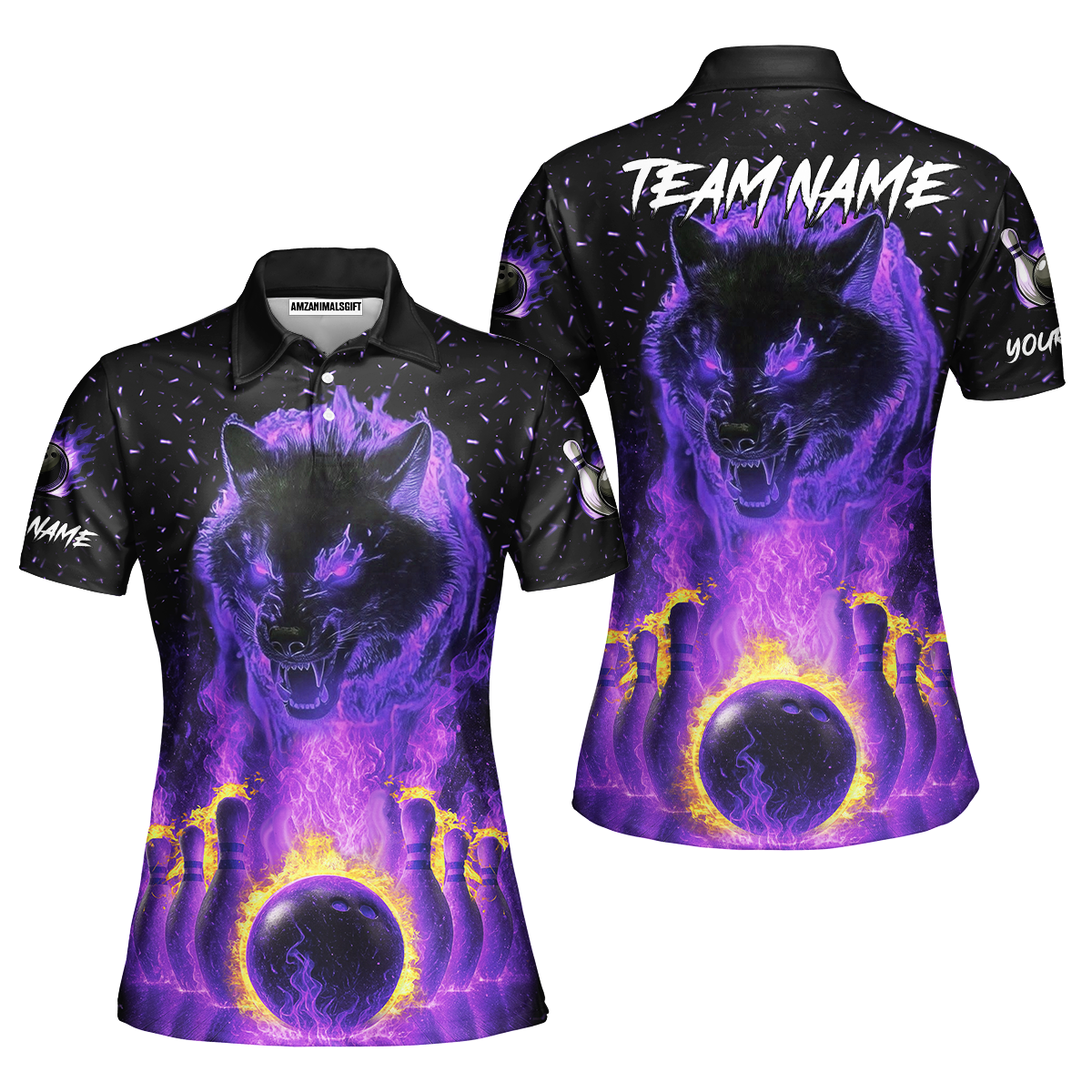 Customized Bowling Jersey, Glowing Wolf with Fiery Bowling Pins , Uniform Bowling - Personalized Name And Team Name
