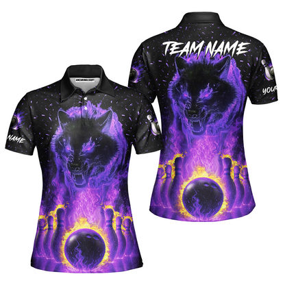 Customized Bowling Jersey, Glowing Wolf with Fiery Bowling Pins , Uniform Bowling - Personalized Name And Team Name