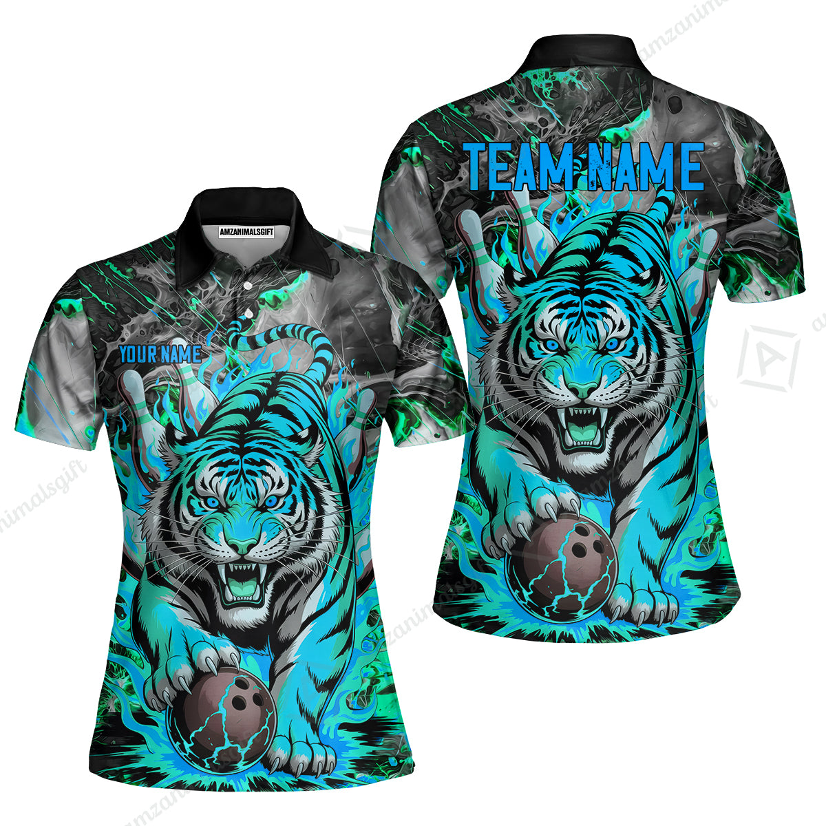 Custom Bowling Team Jersey, Tiger Gripping A Bowling Ball, Bowling Uniforms, Personalize Name And Team Name