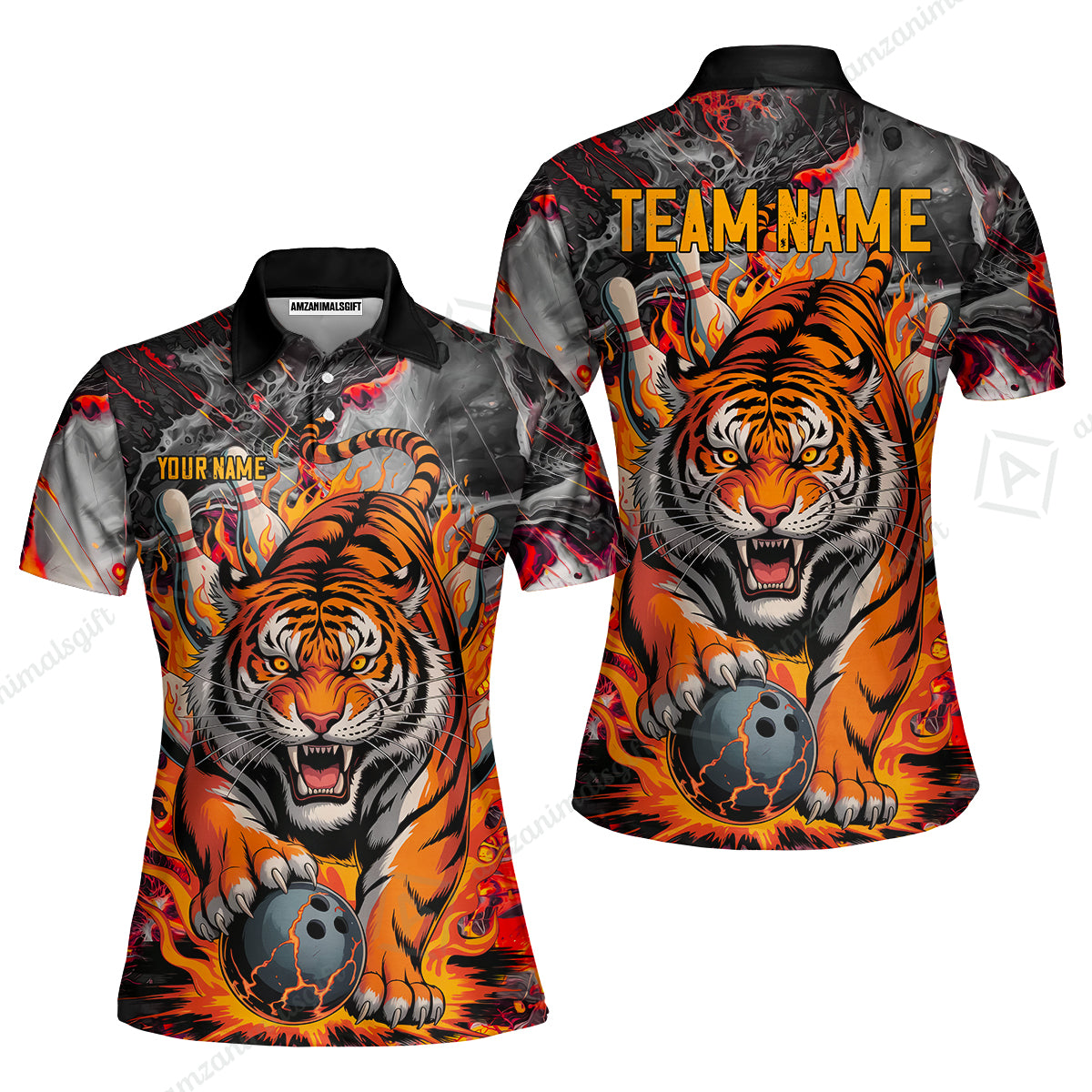 Custom Bowling Team Jersey, Tiger Gripping A Bowling Ball, Bowling Uniforms, Personalize Name And Team Name