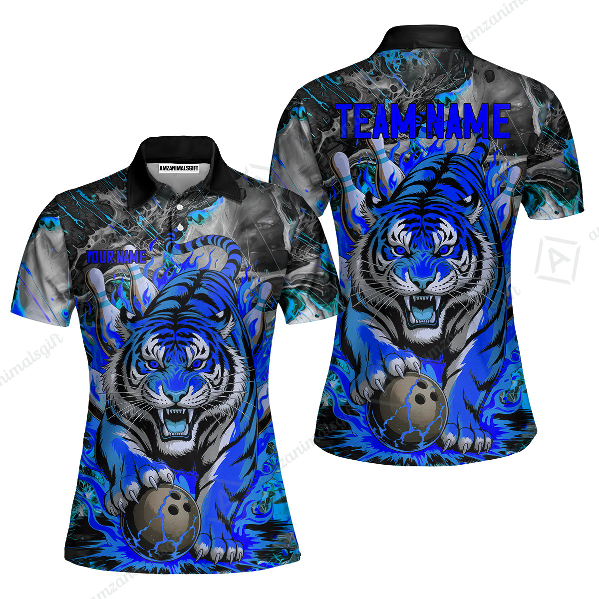 Custom Bowling Team Jersey, Tiger Gripping A Bowling Ball, Bowling Uniforms, Personalize Name And Team Name