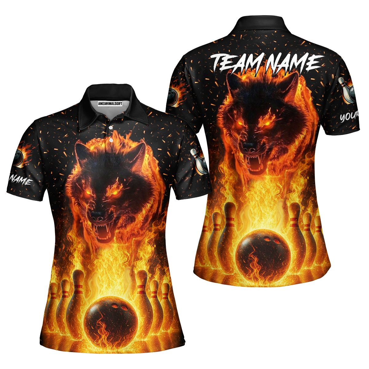 Customized Bowling Jersey, Glowing Wolf with Fiery Bowling Pins , Uniform Bowling - Personalized Name And Team Name