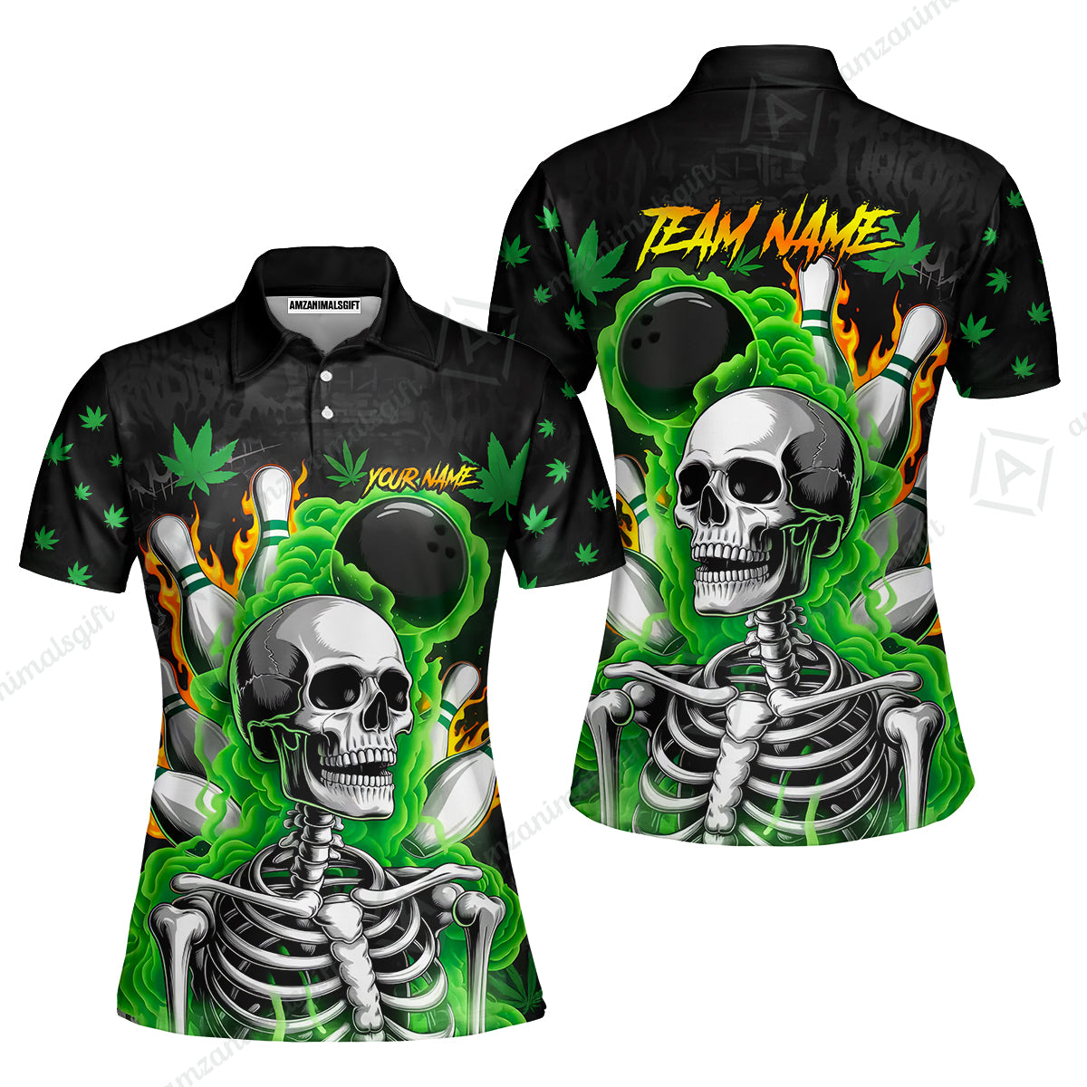 Customized Bowling Jersey, Maple Leaves With Skeleton And Flame Pins, Uniform Bowling - Personalized Name And Team Name