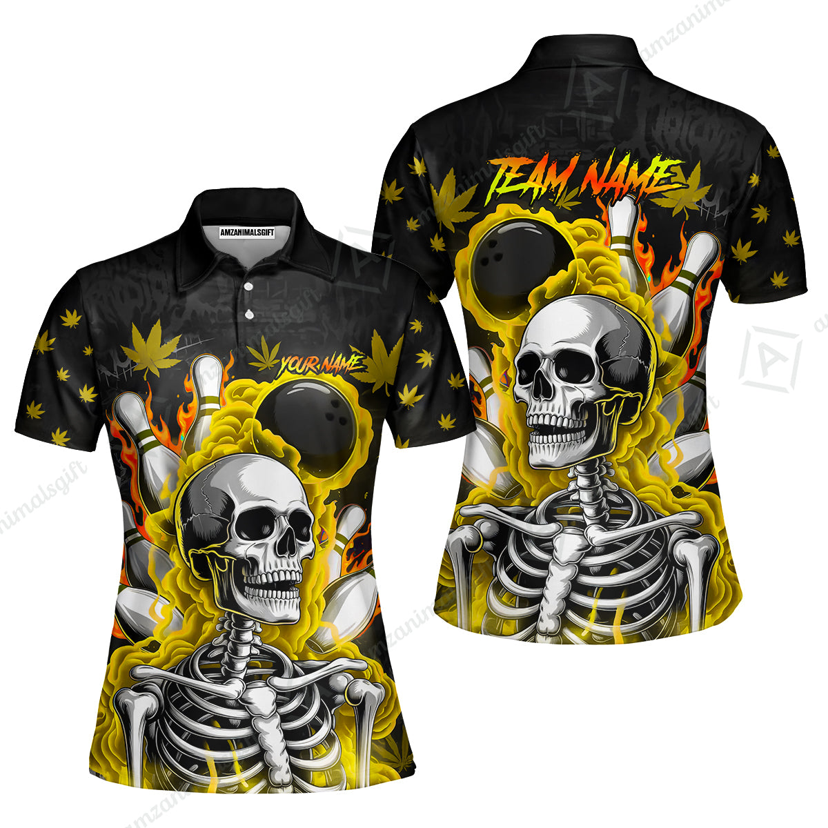 Customized Bowling Jersey, Maple Leaves With Skeleton And Flame Pins, Uniform Bowling - Personalized Name And Team Name