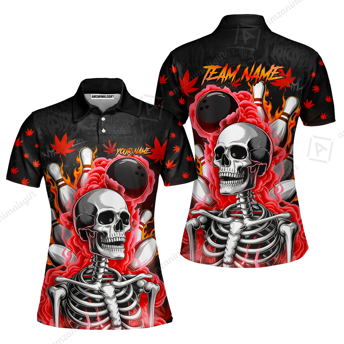 Customized Bowling Jersey, Maple Leaves With Skeleton And Flame Pins, Uniform Bowling - Personalized Name And Team Name