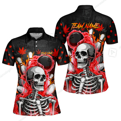 Customized Bowling Jersey, Maple Leaves With Skeleton And Flame Pins, Uniform Bowling - Personalized Name And Team Name