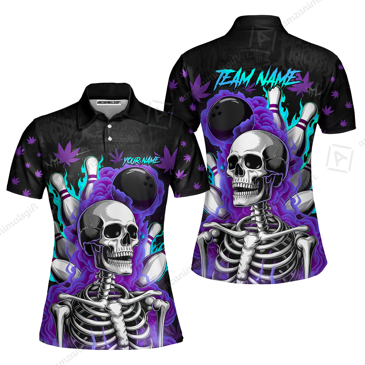 Customized Bowling Jersey, Maple Leaves With Skeleton And Flame Pins, Uniform Bowling - Personalized Name And Team Name