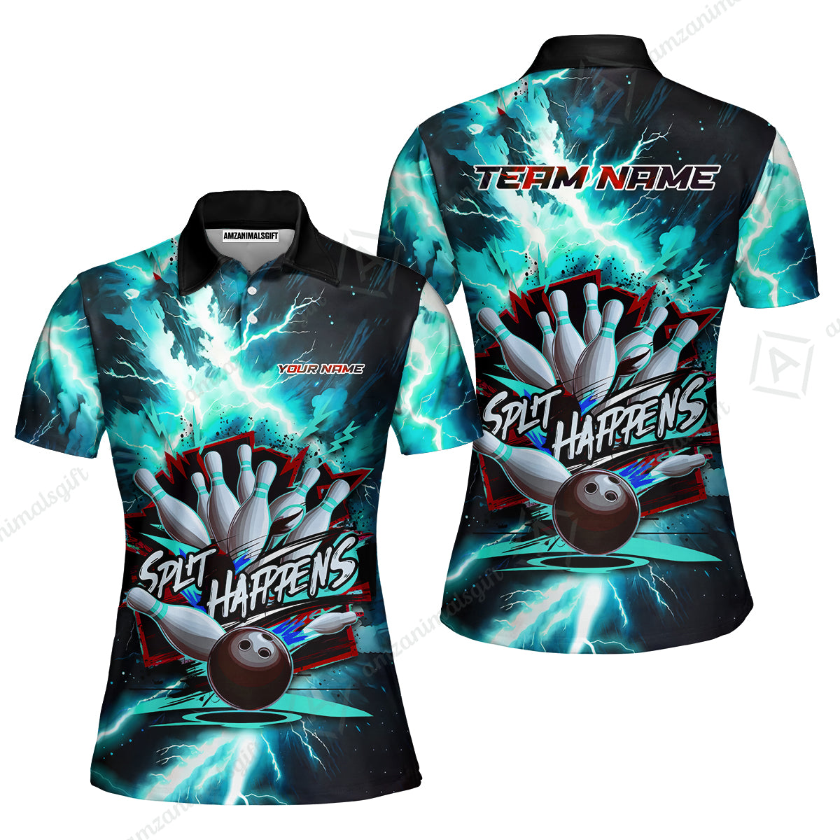 Custom Bowling Team Jersey, Split Happens - Electric Lightning, Bowling Uniforms, Personalize Name And Team Name