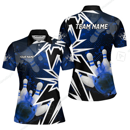 Customized Bowling Polo, Bowling And Pins Smoke Multicolor Option Customized Name And Team Zipper Polo Jerseys Shirts