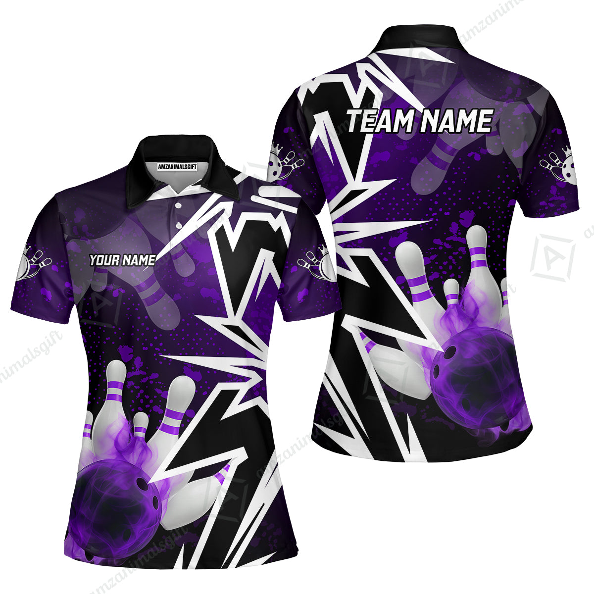 Customized Bowling Polo, Bowling And Pins Smoke Multicolor Option Customized Name And Team Zipper Polo Jerseys Shirts