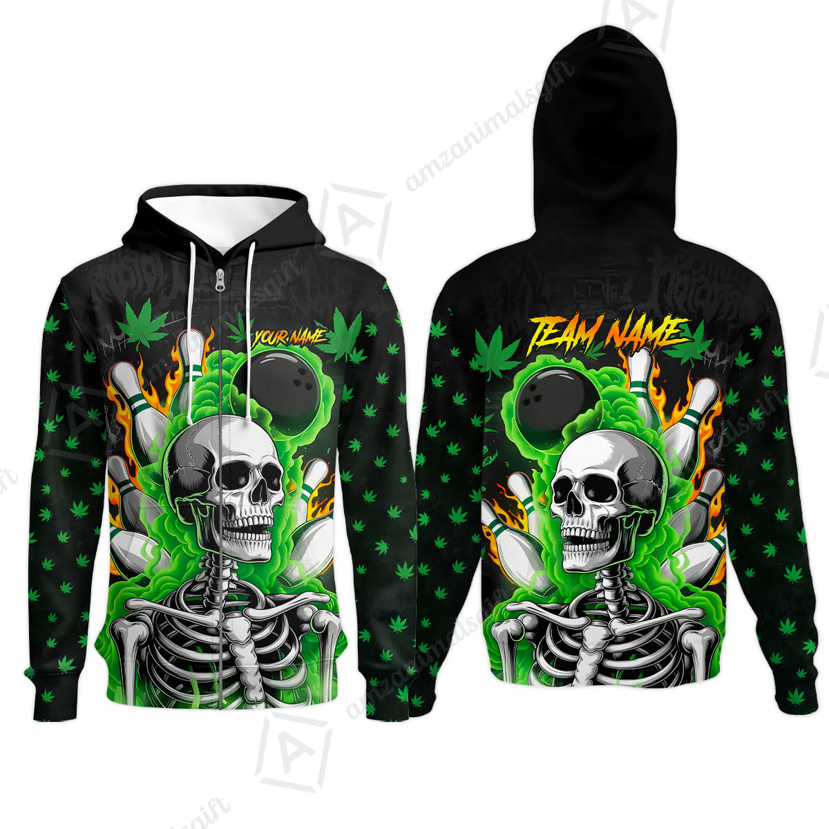 Customized Bowling Jersey, Maple Leaves With Skeleton And Flame Pins, Uniform Bowling - Personalized Name And Team Name