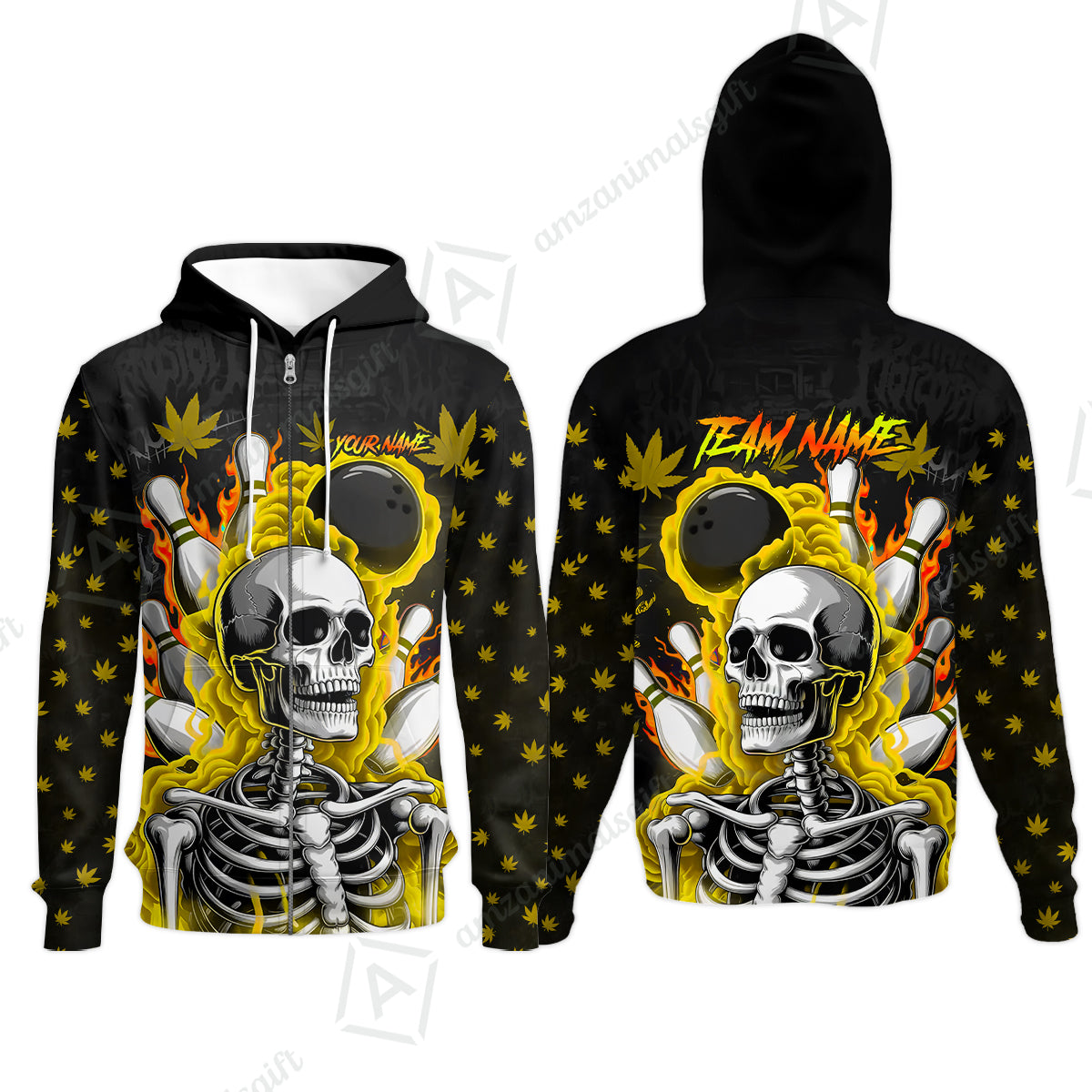 Customized Bowling Jersey, Maple Leaves With Skeleton And Flame Pins, Uniform Bowling - Personalized Name And Team Name