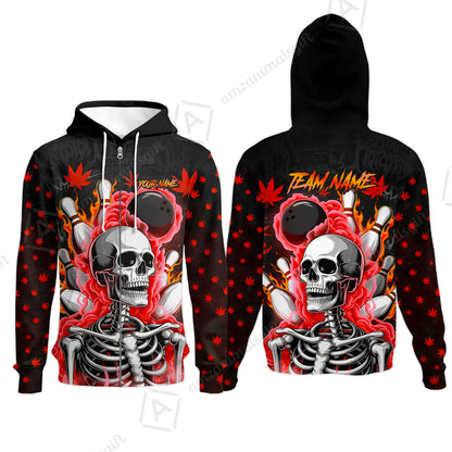 Customized Bowling Jersey, Maple Leaves With Skeleton And Flame Pins, Uniform Bowling - Personalized Name And Team Name