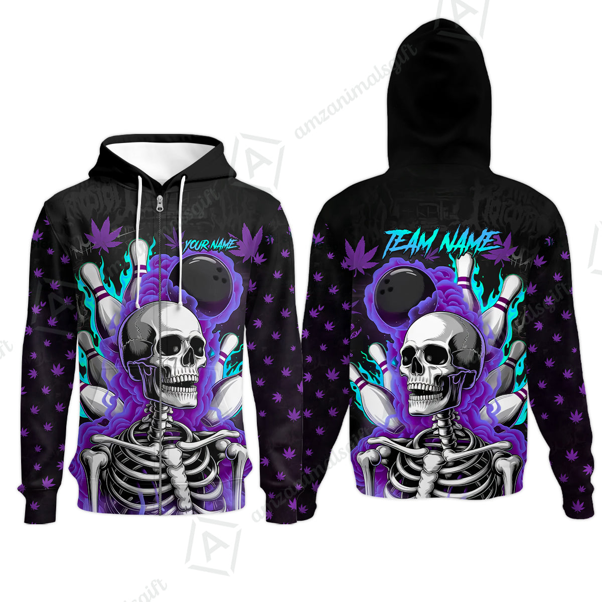 Customized Bowling Jersey, Maple Leaves With Skeleton And Flame Pins, Uniform Bowling - Personalized Name And Team Name