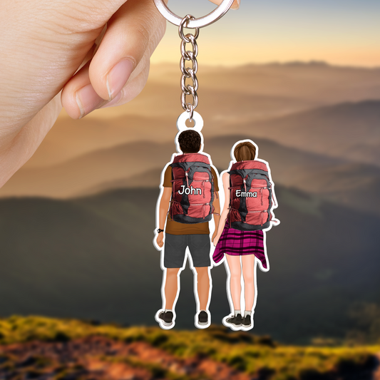 Personalized Hiking Couple Partners Hold Hands Flat Acrylic Keychain, Meaningful Gifts For Partners Soulmates Love Hiking