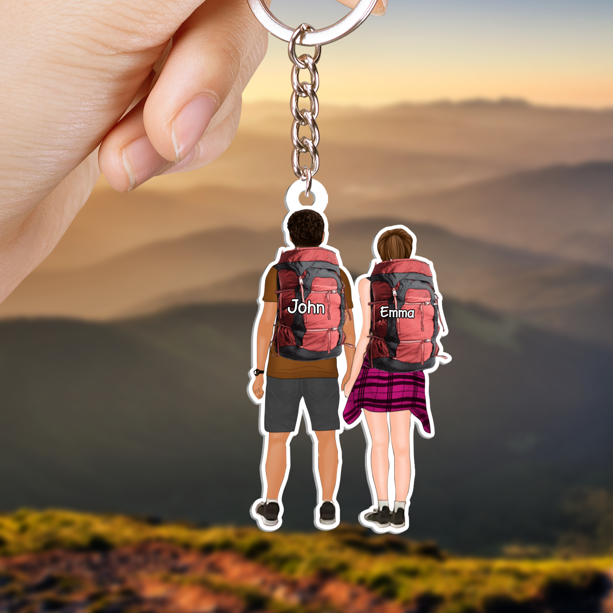 Personalized Hiking Couple Partners Hold Hands Flat Acrylic Keychain, Meaningful Gifts For Partners Soulmates Love Hiking