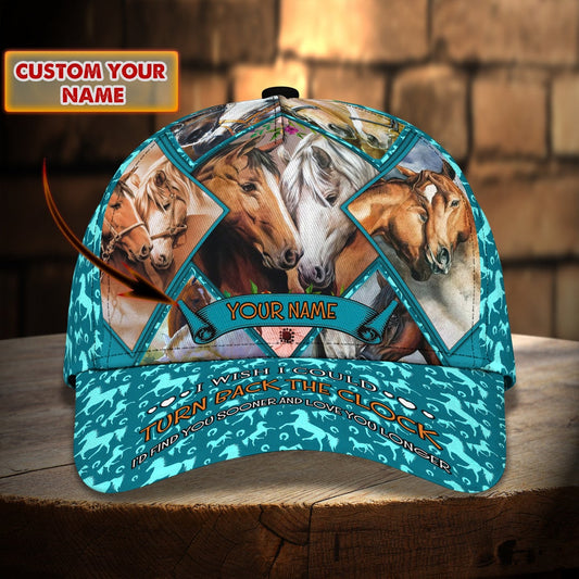 Customized Horse Couple Caps Hat, Horse Cyan Pattern I Wish I Could Turn Back The Clock Hat, Best Hat Gift For Men Women