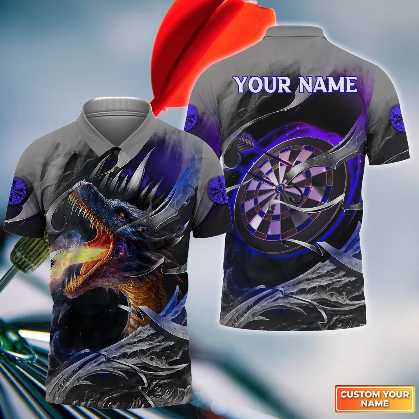 Customized Name Darts Men Polo Shirt, Bullseye Dartboard Personalized Flame Dragon And Darts Polo Shirt - Gift For Darts Players, Darts Lovers