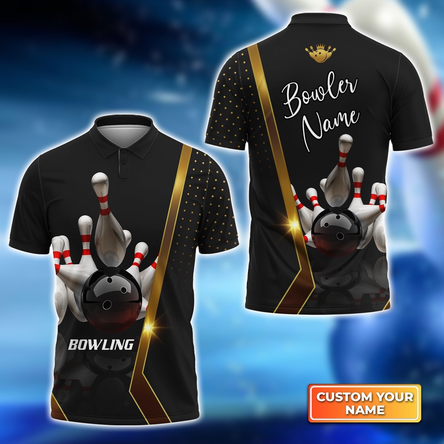 Customized Bowling Polo Shirt, Black And Golden Pattern Personalized Bowling Polo Shirt For Men - Gift For Bowlers, Bowling Lovers