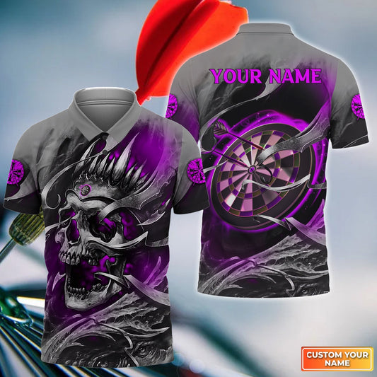 Customized Name Darts Men Polo Shirt, Purple Skull Dartboard Personalized Skull And Darts Polo Shirt - Gift For Darts Players Uniforms, Darts Lovers