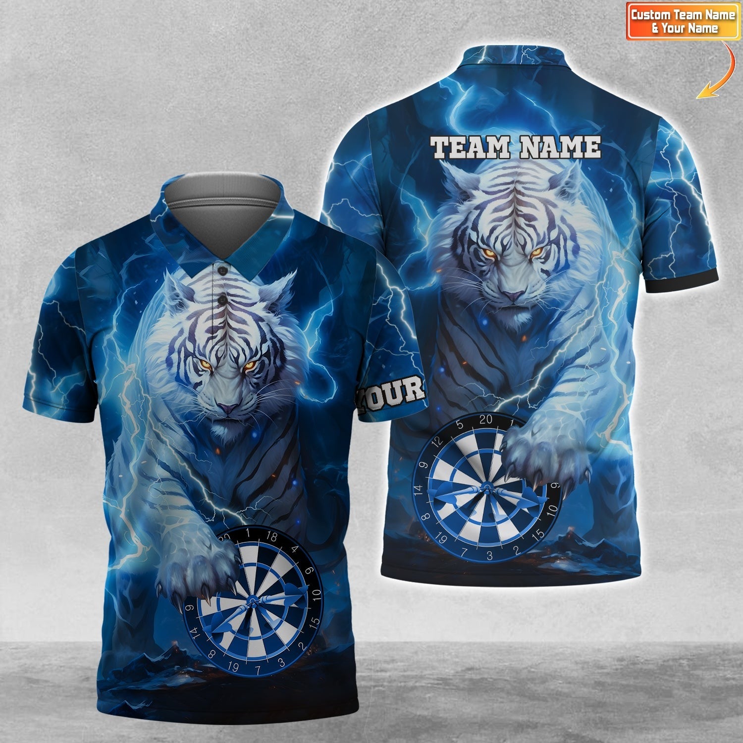 Customized Name & Team Name Darts Polo Shirt, Blue Storm Tiger Personalized For Dart Team Player Polo Shirt