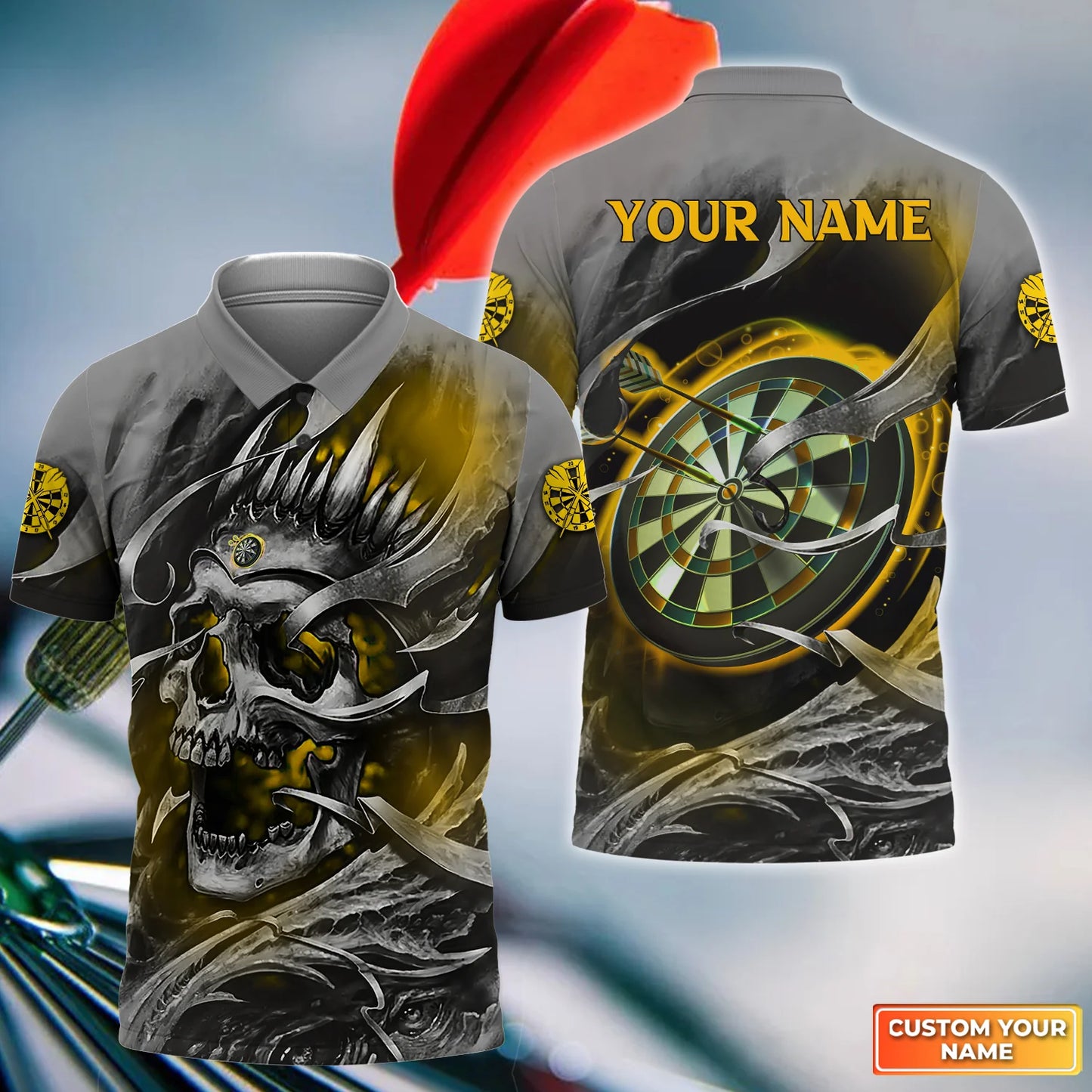 Customized Name Darts Men Polo Shirt, Gold Skull Dartboard Personalized Skull And Darts Polo Shirt - Gift For Darts Players Uniforms, Darts Lovers