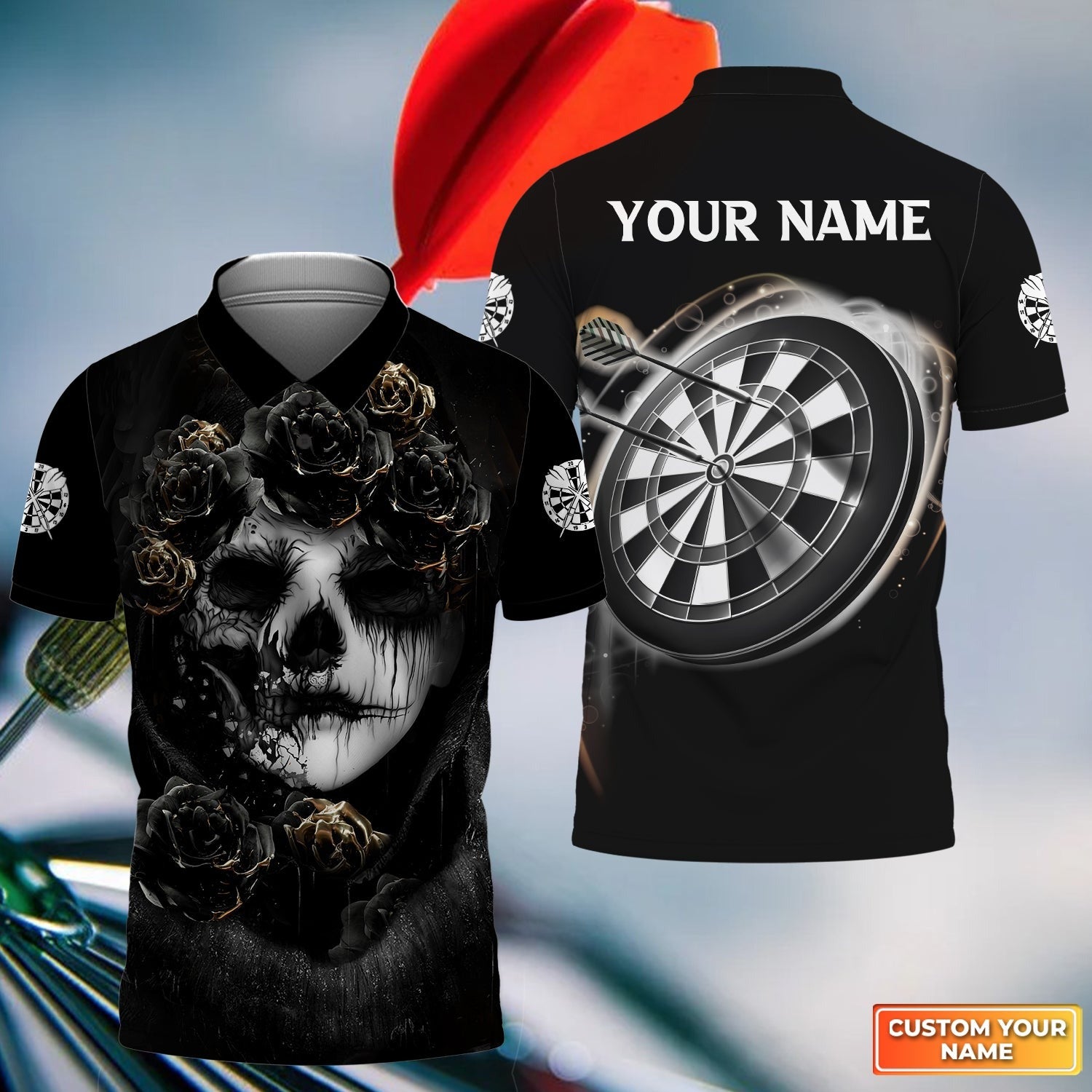 Customized Name Darts Men Polo Shirt, Skull Girl Dartboard Personalized Skull Girl And Darts Polo Shirt - Gift For Darts Players Uniforms, Darts Lovers