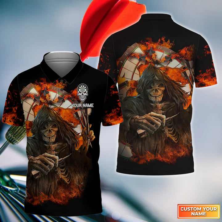 Darts Men Polo Shirt Custom Name - Skull Reaper Darts Personalized Polo Shirt For Men - Gift For Darts Player, Friend, Family