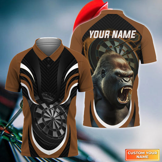 Gorilla And Darts Custom Name Men Polo Shirt, Bullseye Dartboard Brown Personalized Men Polo Shirt Gift For Darts Lovers, Team, Friends