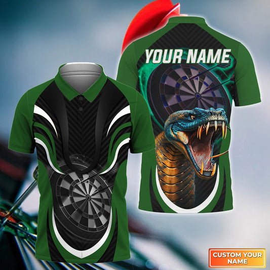 Darts Custom Name Men Polo Shirt, Green Bullseye Dartboard Personalized Name King Cobra And Darts Polo Shirts For Men, Gift For Darts Lover, Team