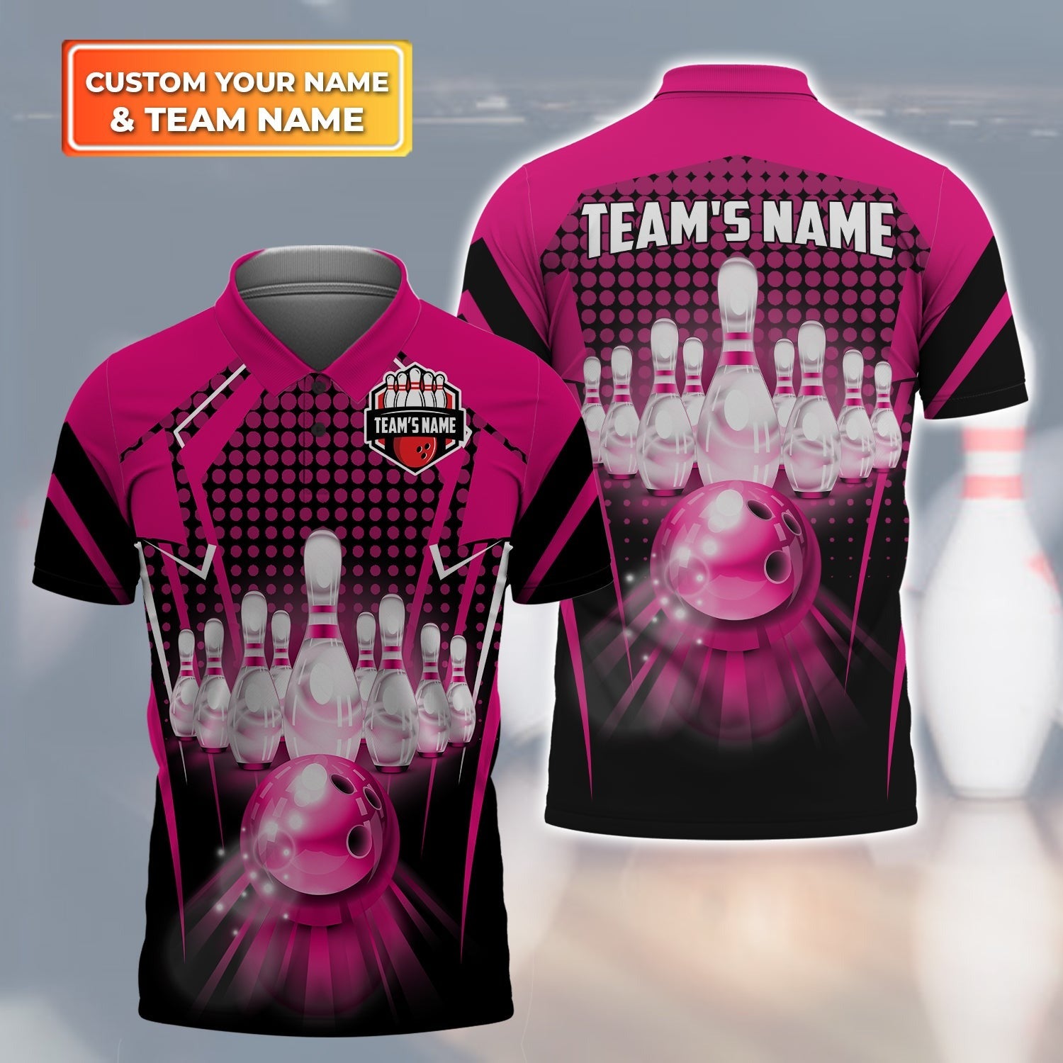 Bowling Custom Men Polo Shirt - Bowling And Pins Pink Personalized Bowling Polo Shirt