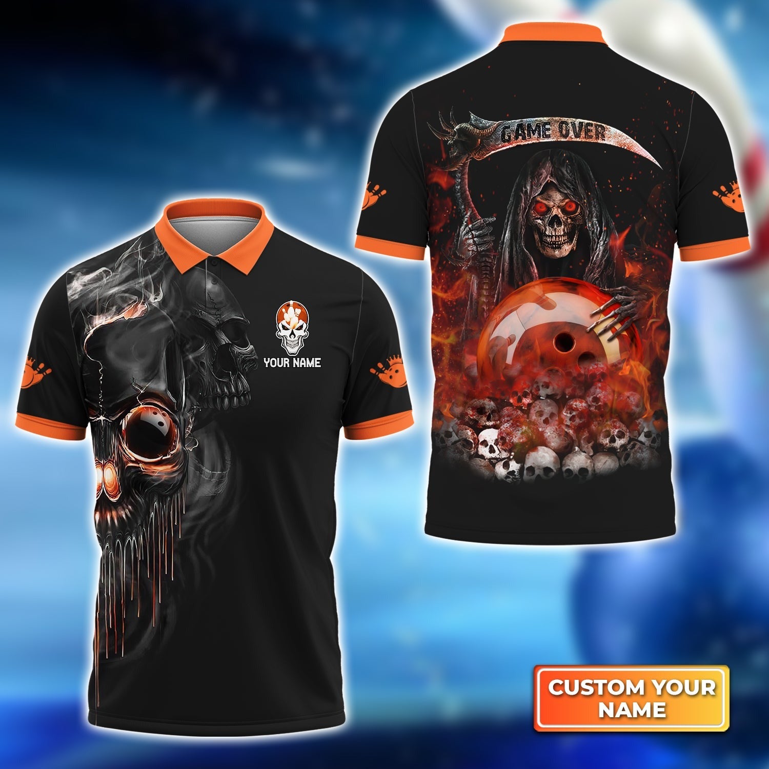Customized Name Bowling Men Polo Shirt, Orange Grim Reaper Personalized Bowling Polo Shirt - Gift For Bowling Players Uniforms, Bowling Lovers