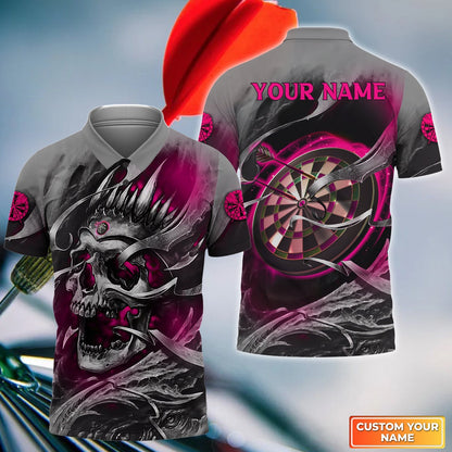 Customized Name Darts Men Polo Shirt, Pink Skull Dartboard Personalized Skull And Darts Polo Shirt - Gift For Darts Players Uniforms, Darts Lovers