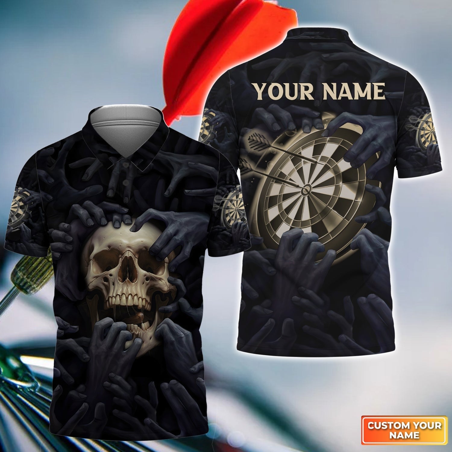 Customized Name Darts Men Polo Shirt, Skull Art Dartboard Personalized Skull And Darts Polo Shirt - Gift For Darts Players Uniforms, Darts Lovers