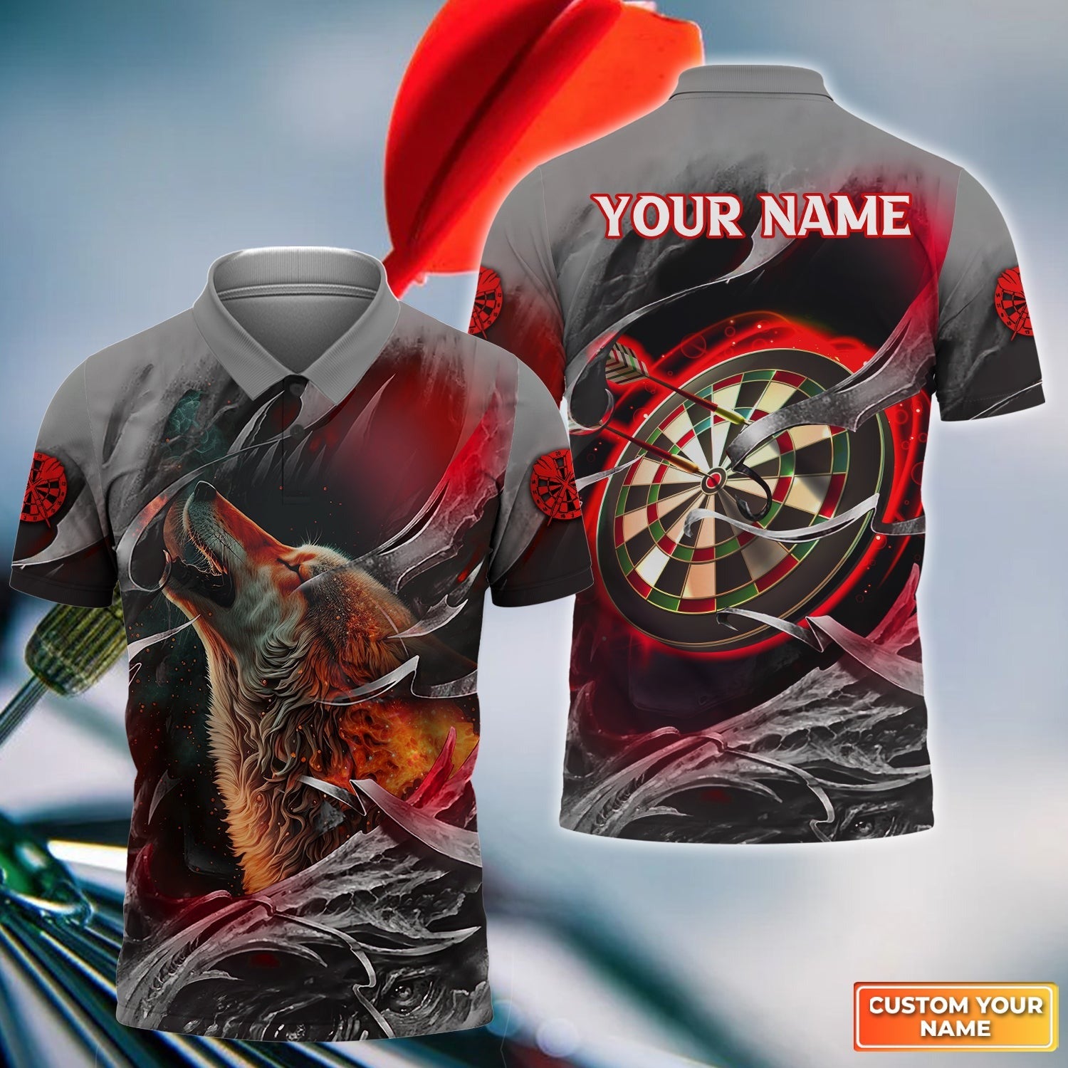 Customized Name Darts Men Polo Shirt, Bullseye Dartboard Personalized Flame Wolf And Darts Polo Shirt - Gift For Darts Players, Darts Lovers
