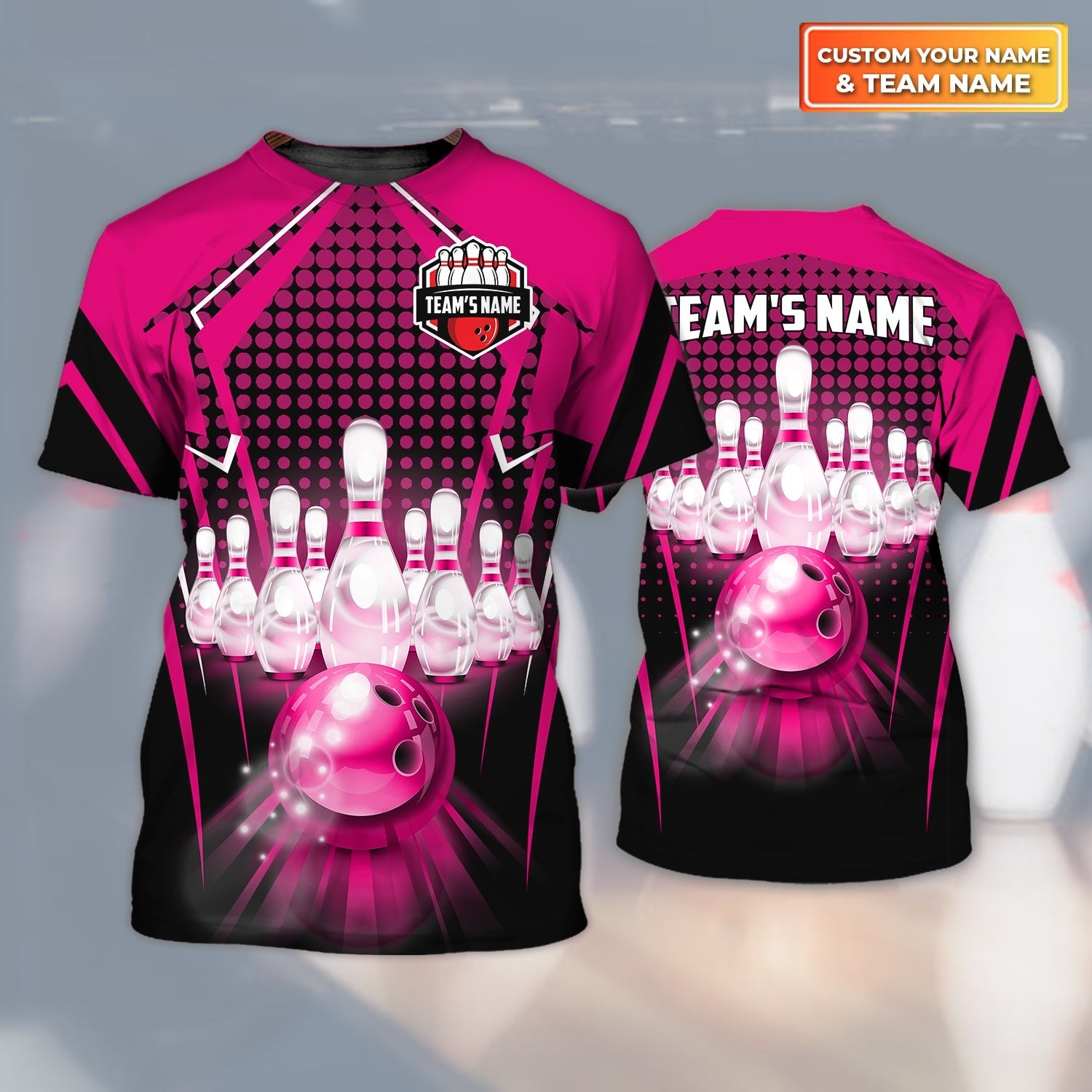 Bowling Custom T-Shirt - Bowling And Pins Pink Personalized Bowling T-Shirt