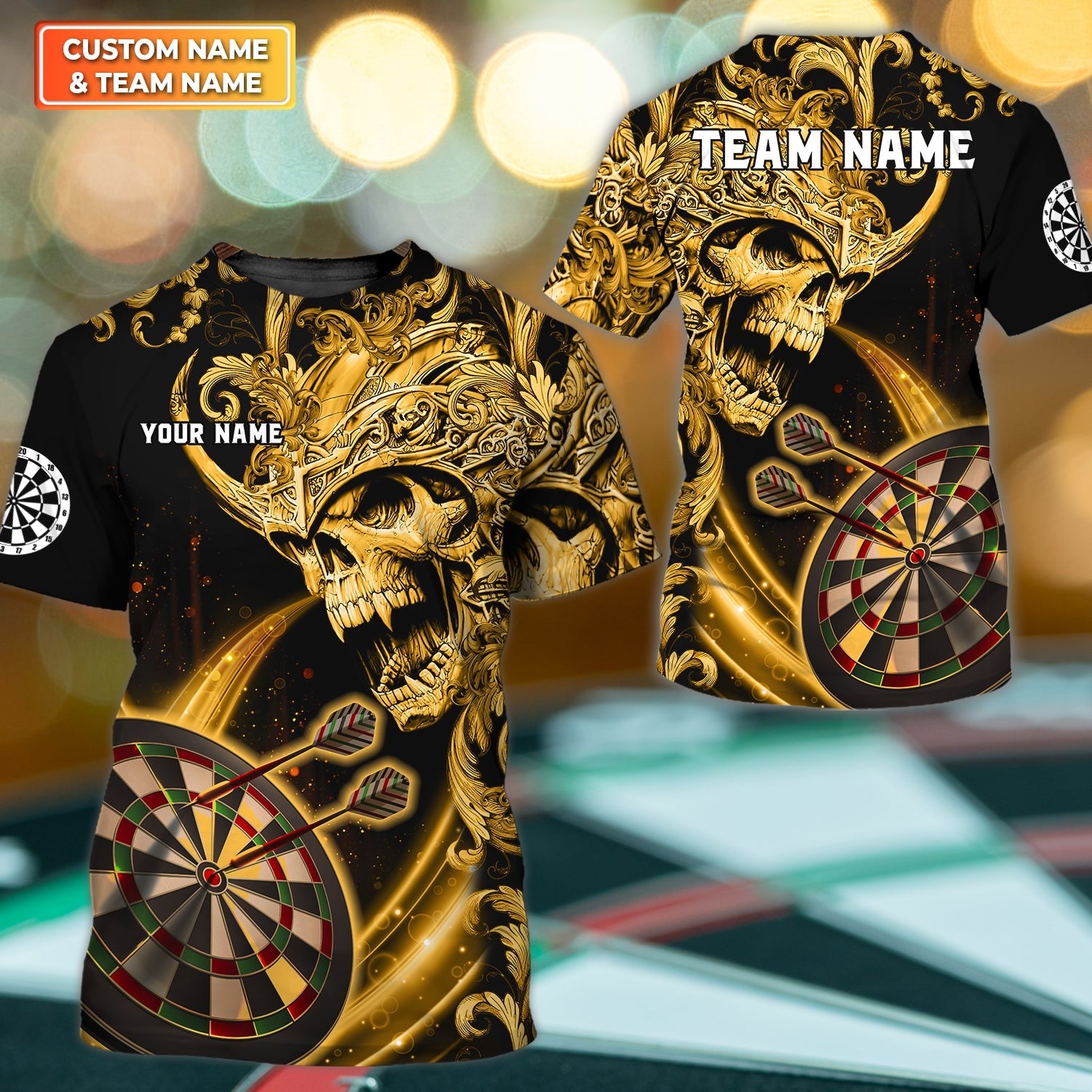 Customized Name & Team Name Darts T-Shirt, Darts Warrior Gold Personalized For Dart Team Player T-Shirt