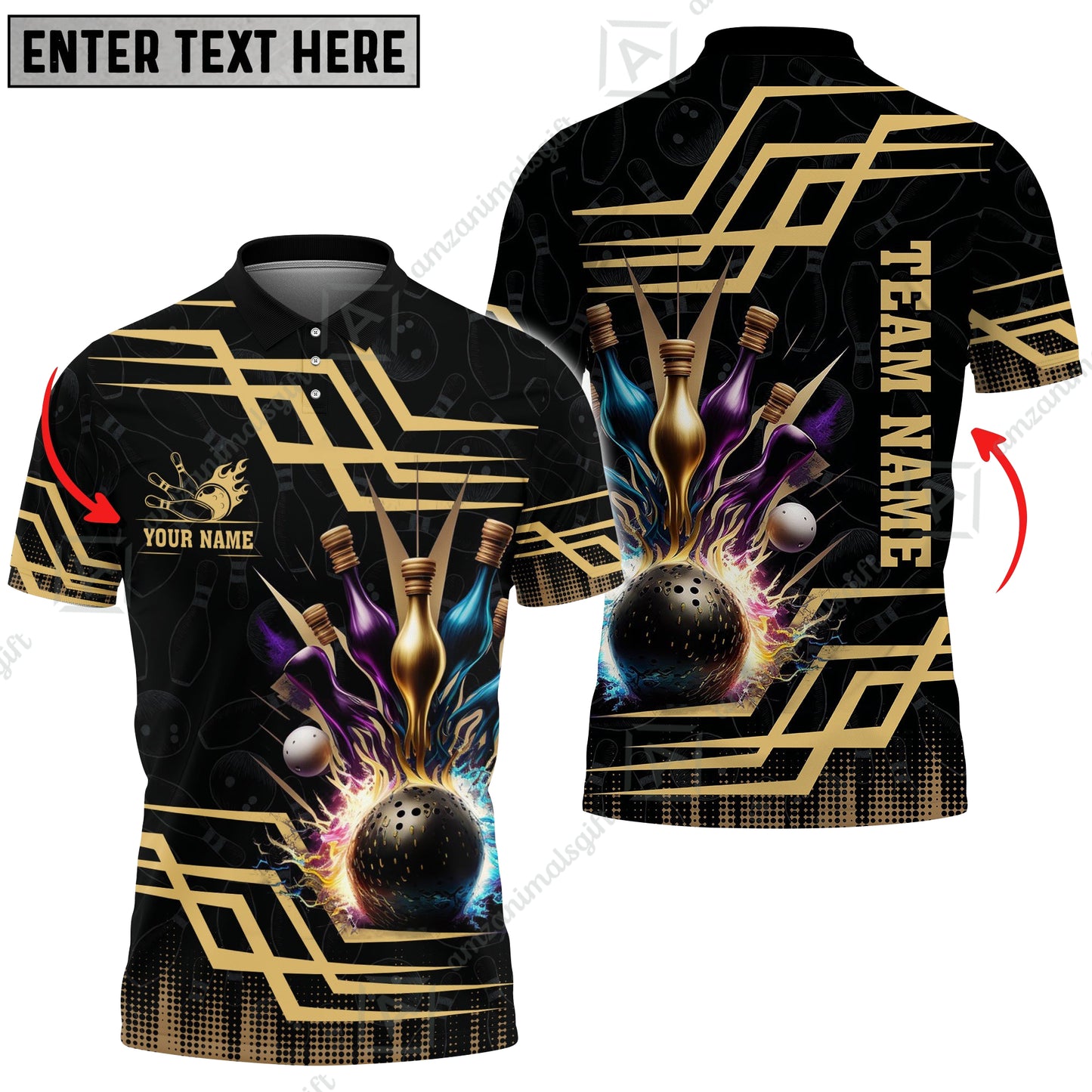 Customized Bowling Unisex Polo, Bowling And Pins Royal Multicolor Option Customized Name And Team Name For Bowling Team