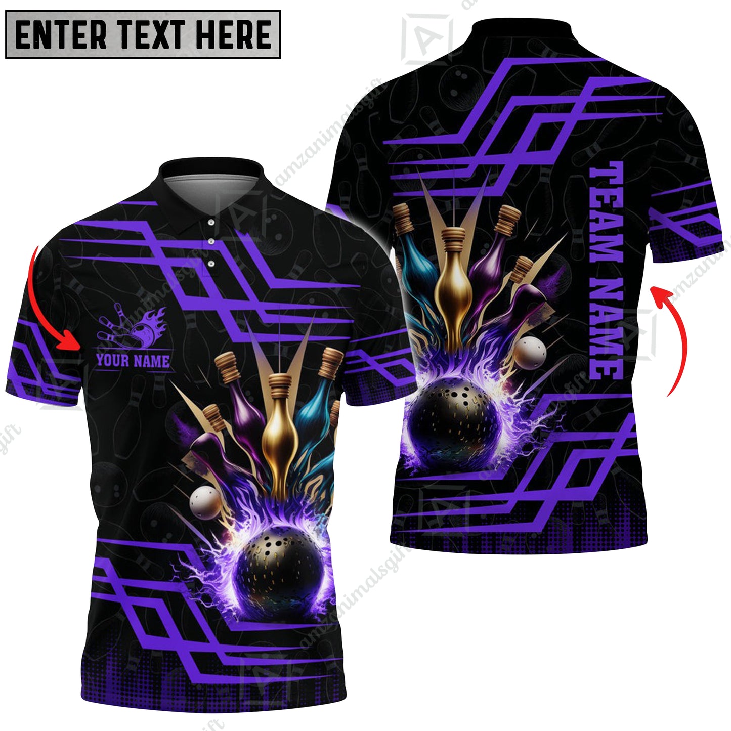 Customized Bowling Unisex Polo, Bowling And Pins Royal Multicolor Option Customized Name And Team Name For Bowling Team