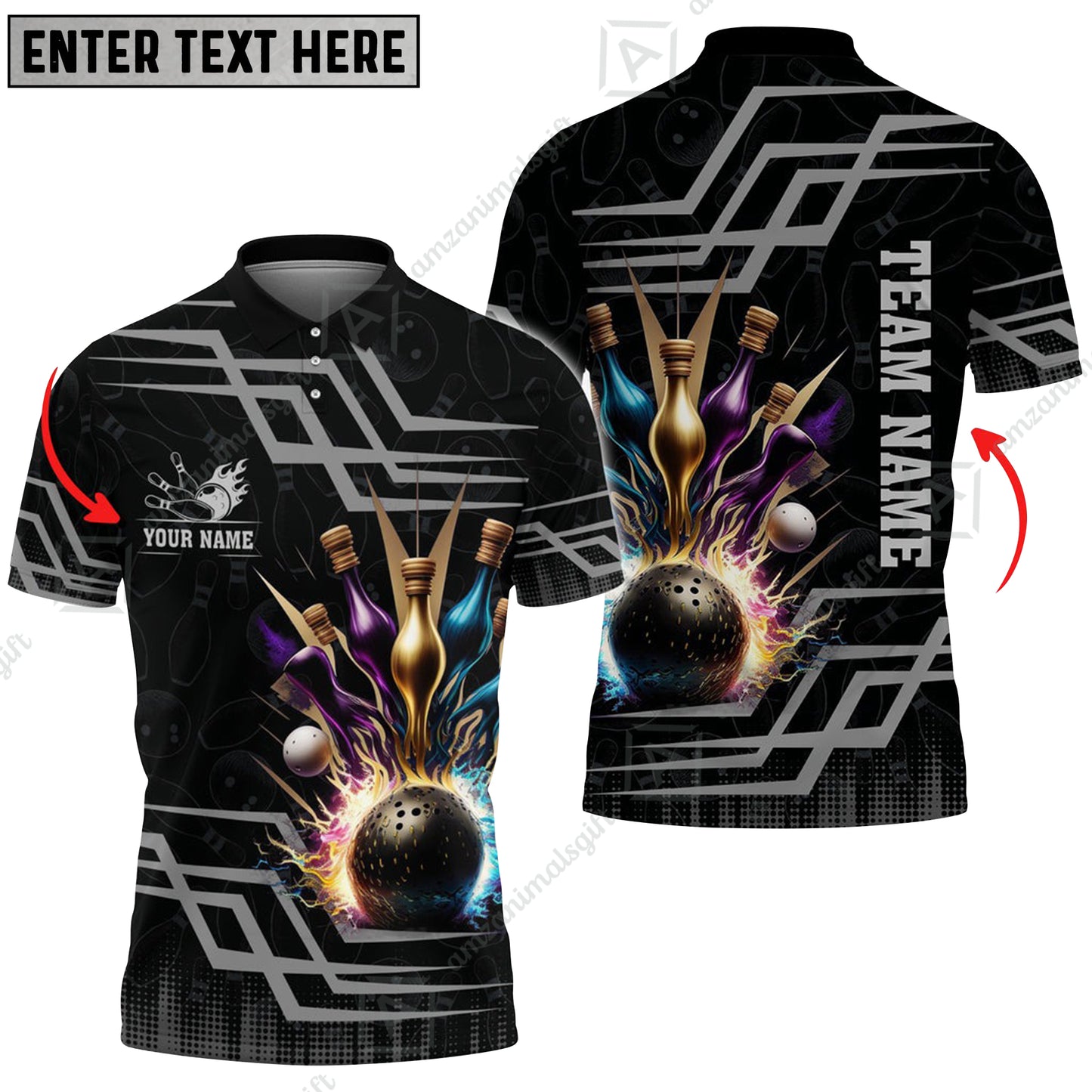 Customized Bowling Unisex Polo, Bowling And Pins Royal Multicolor Option Customized Name And Team Name For Bowling Team