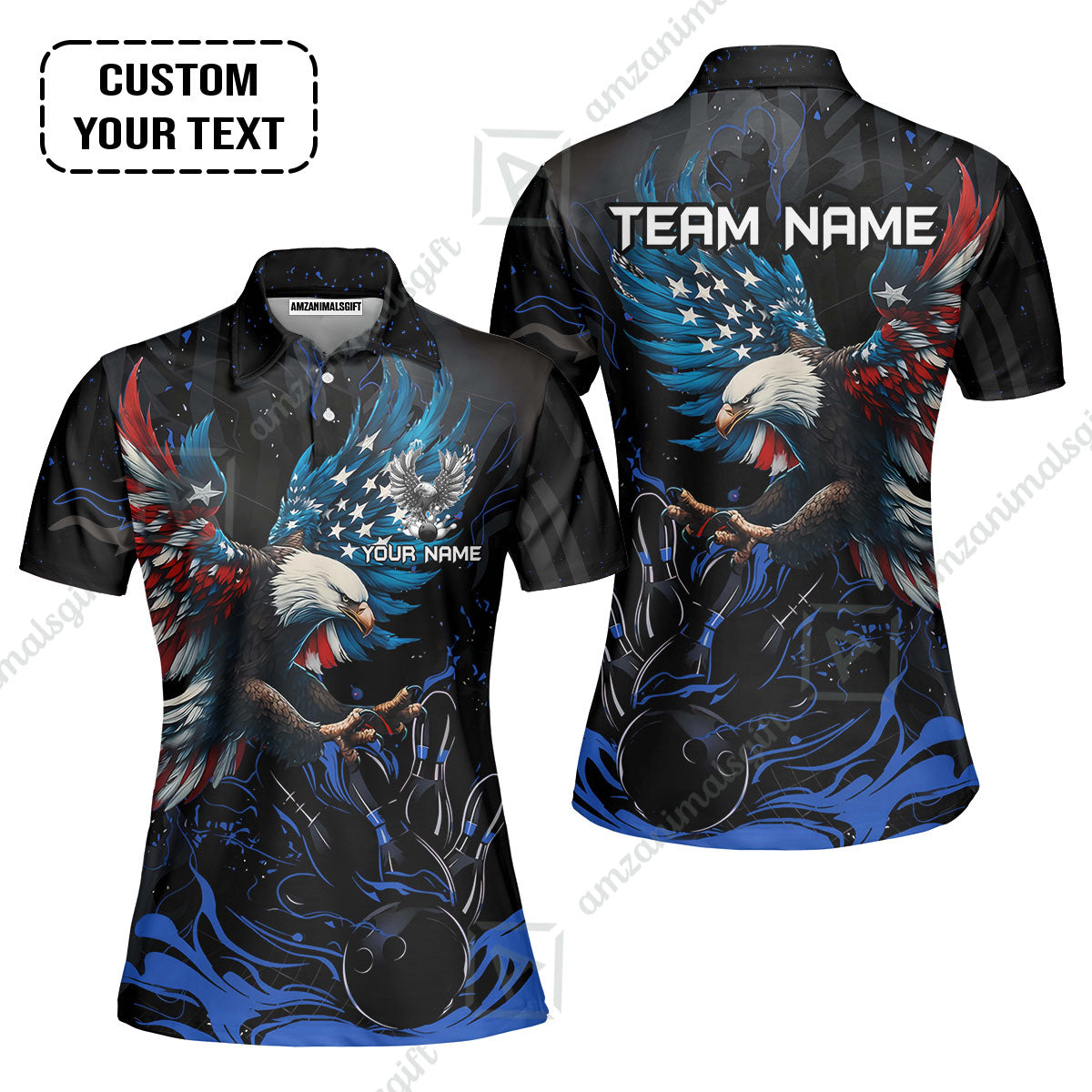 Custom Bowling Team Jerseys, Bowling uniforms Quarter-Zip Polo, Bowling Ball & Pins Almighty American Eagle Customized Name And Team Name
