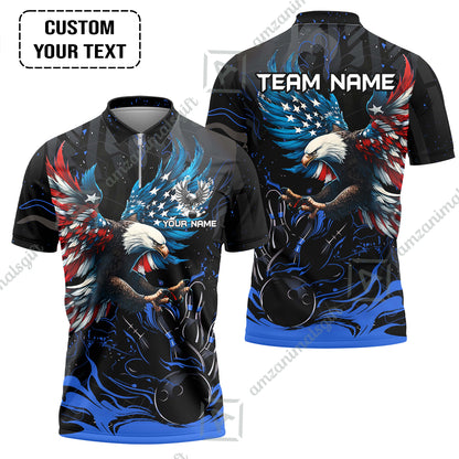Custom Bowling Team Jerseys, Bowling uniforms Quarter-Zip Polo, Bowling Ball & Pins Almighty American Eagle Customized Name And Team Name