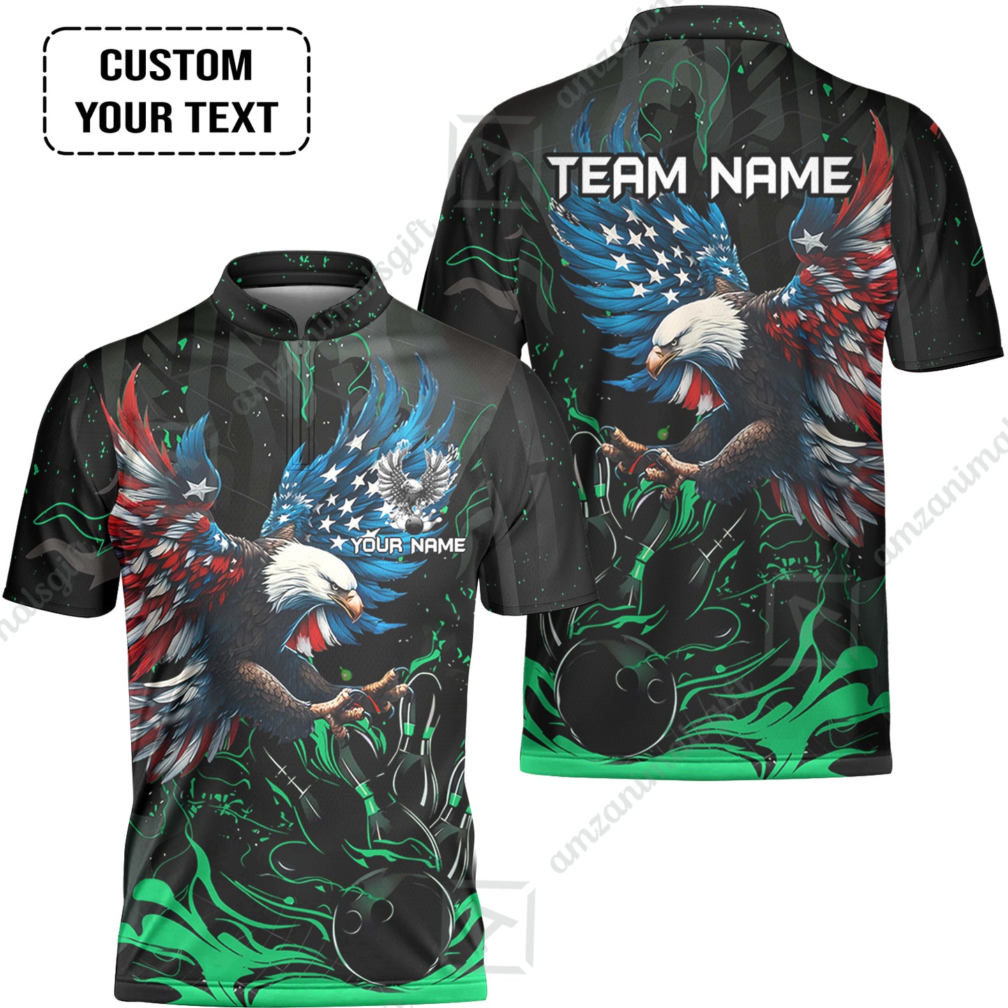 Custom Bowling Team Jerseys, Bowling uniforms Quarter-Zip Polo, Bowling Ball & Pins Almighty American Eagle Customized Name And Team Name