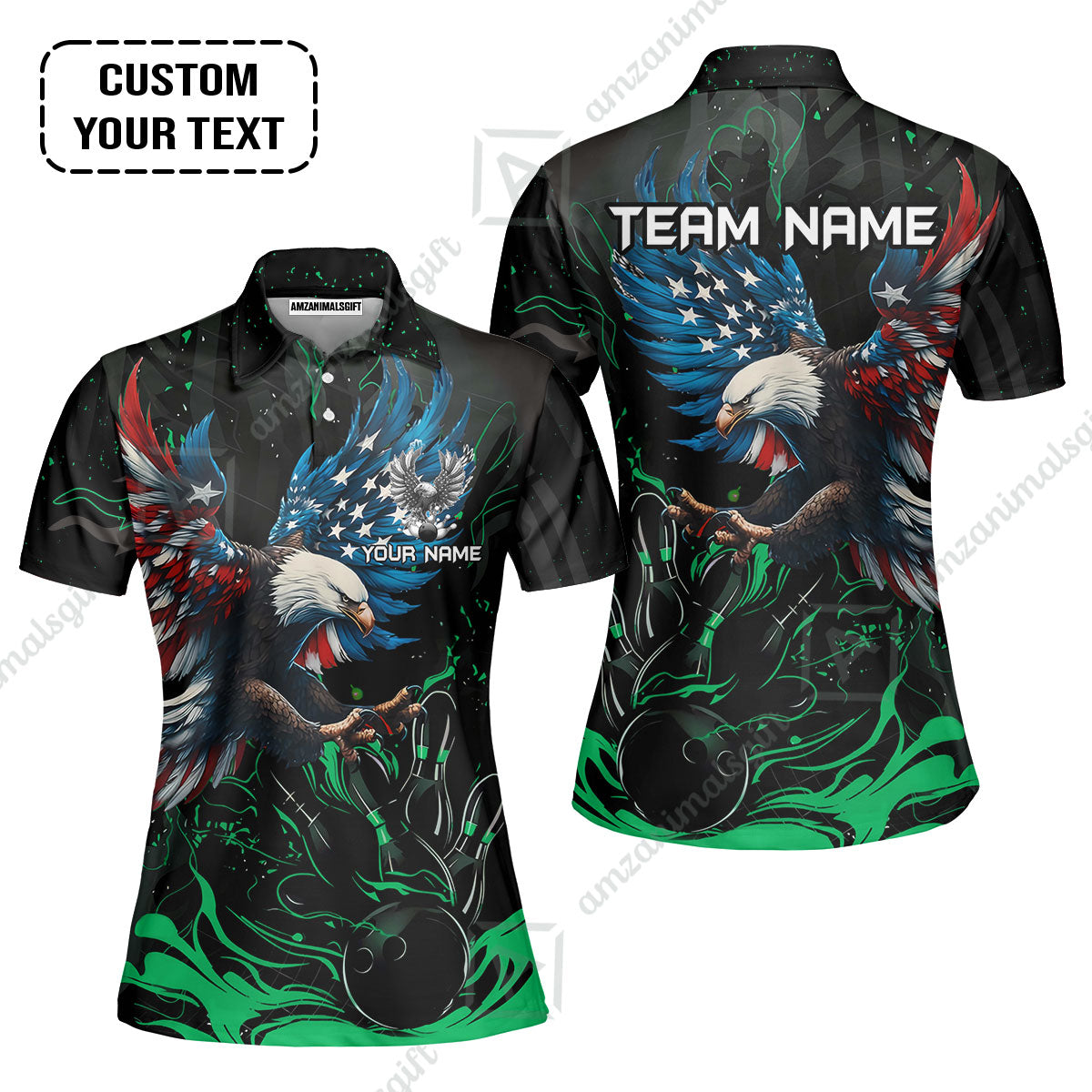 Custom Bowling Team Jerseys, Bowling uniforms Quarter-Zip Polo, Bowling Ball & Pins Almighty American Eagle Customized Name And Team Name