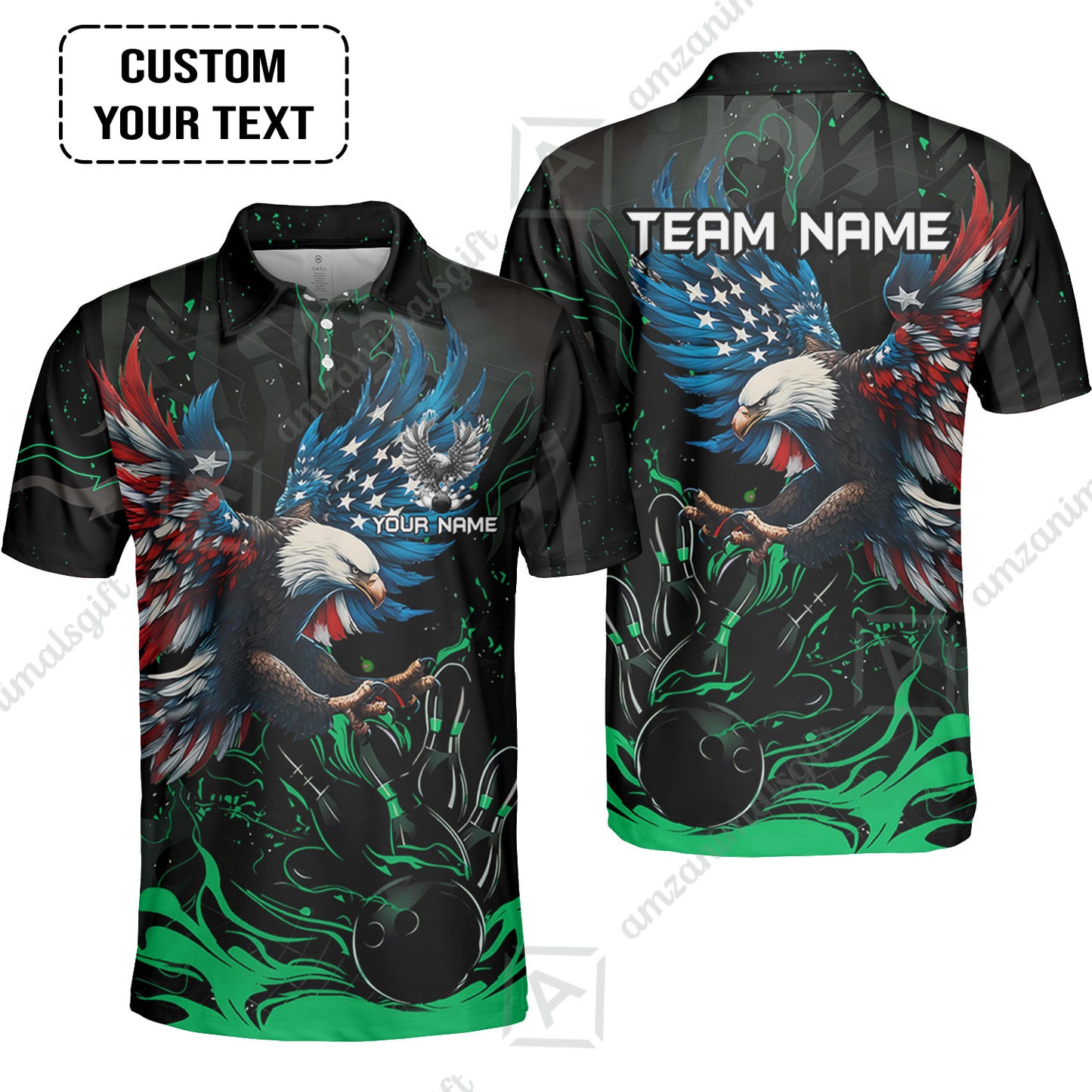 Custom Bowling Team Jerseys, Bowling uniforms Quarter-Zip Polo, Bowling Ball & Pins Almighty American Eagle Customized Name And Team Name