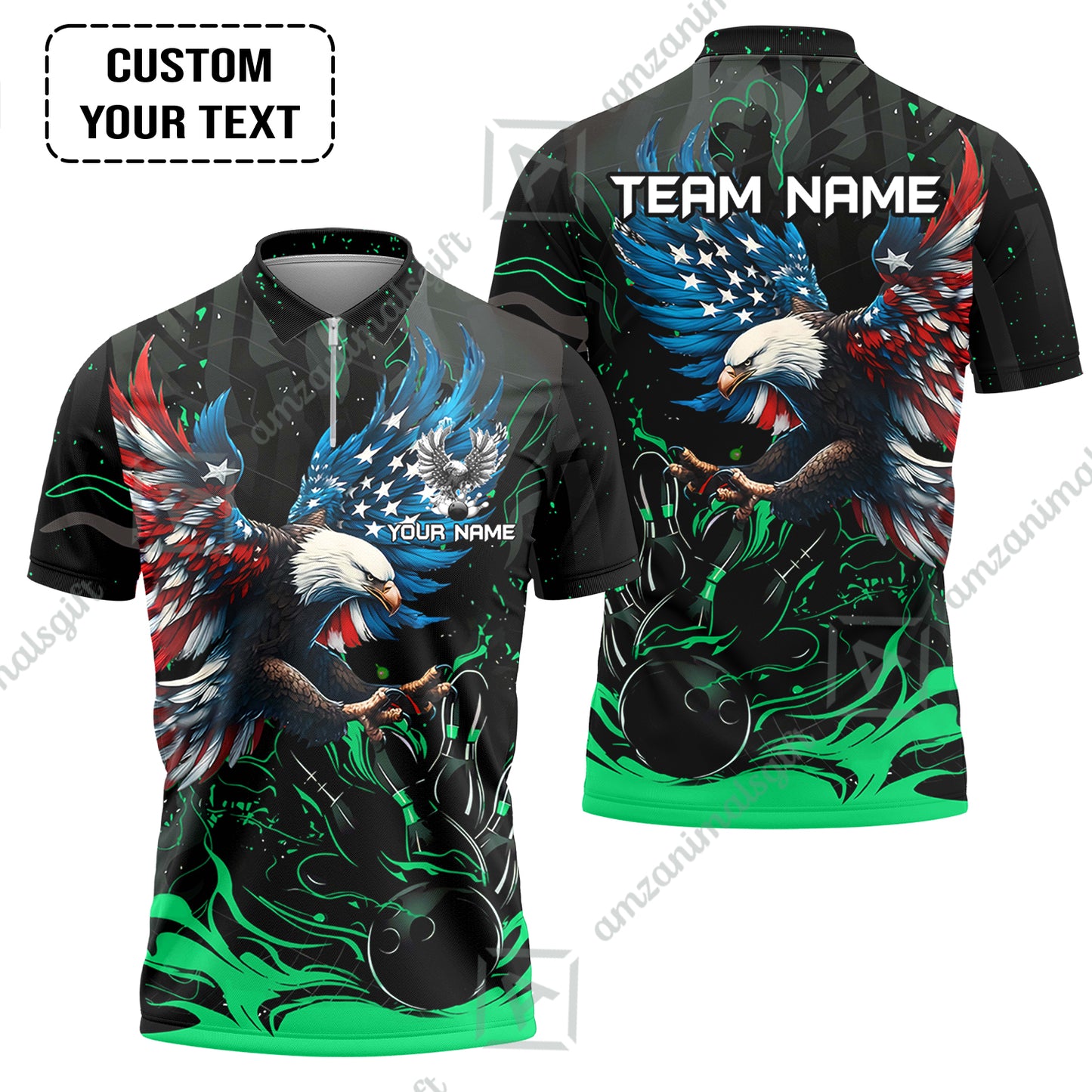 Custom Bowling Team Jerseys, Bowling uniforms Quarter-Zip Polo, Bowling Ball & Pins Almighty American Eagle Customized Name And Team Name