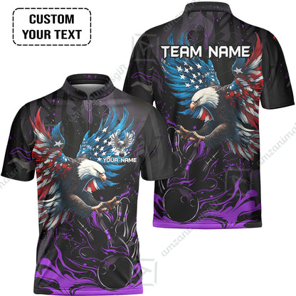 Custom Bowling Team Jerseys, Bowling uniforms Quarter-Zip Polo, Bowling Ball & Pins Almighty American Eagle Customized Name And Team Name