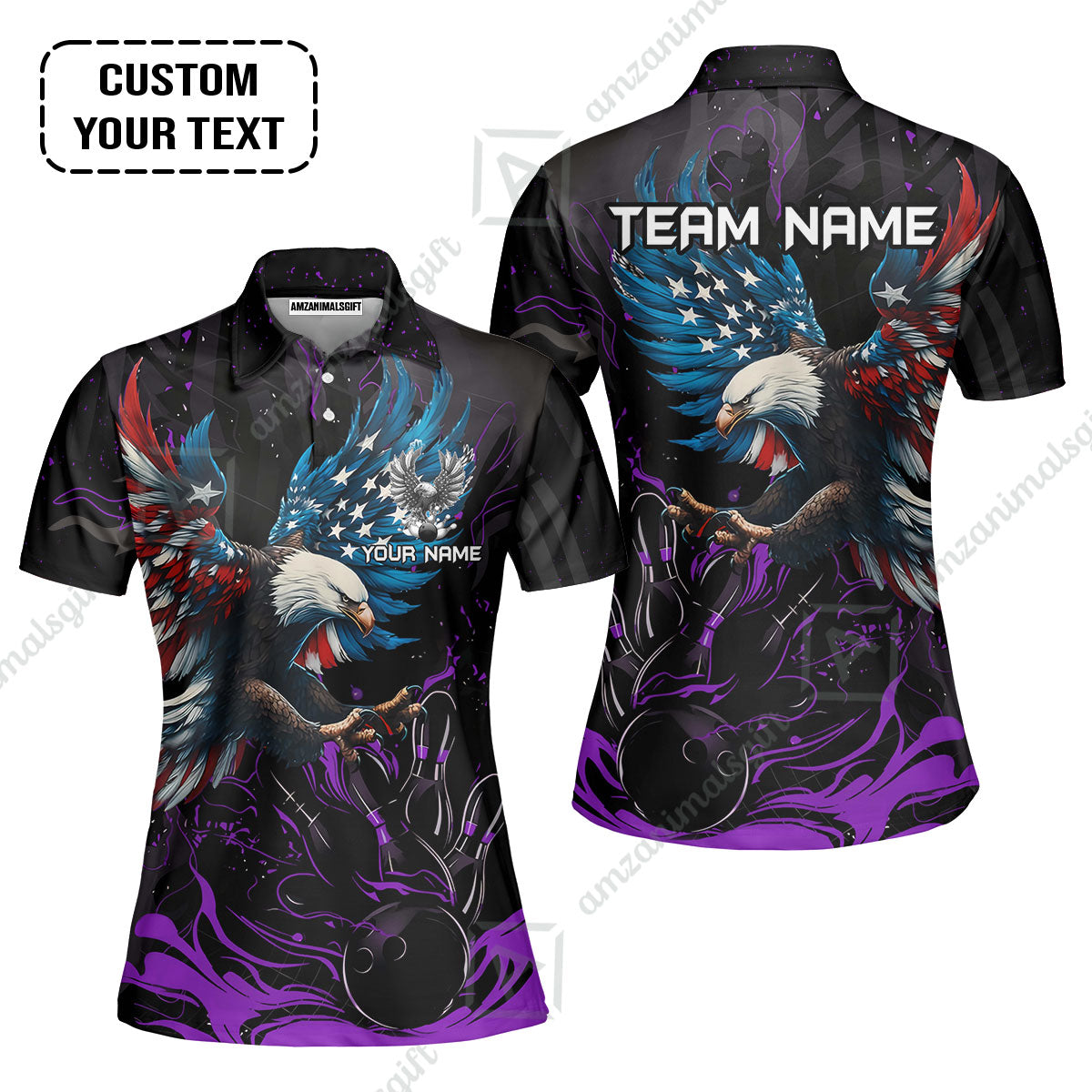 Custom Bowling Team Jerseys, Bowling uniforms Quarter-Zip Polo, Bowling Ball & Pins Almighty American Eagle Customized Name And Team Name