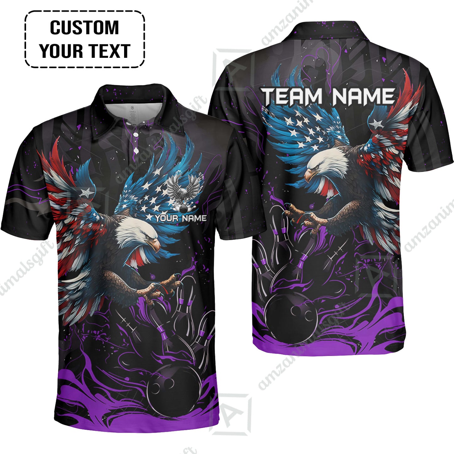 Custom Bowling Team Jerseys, Bowling uniforms Quarter-Zip Polo, Bowling Ball & Pins Almighty American Eagle Customized Name And Team Name